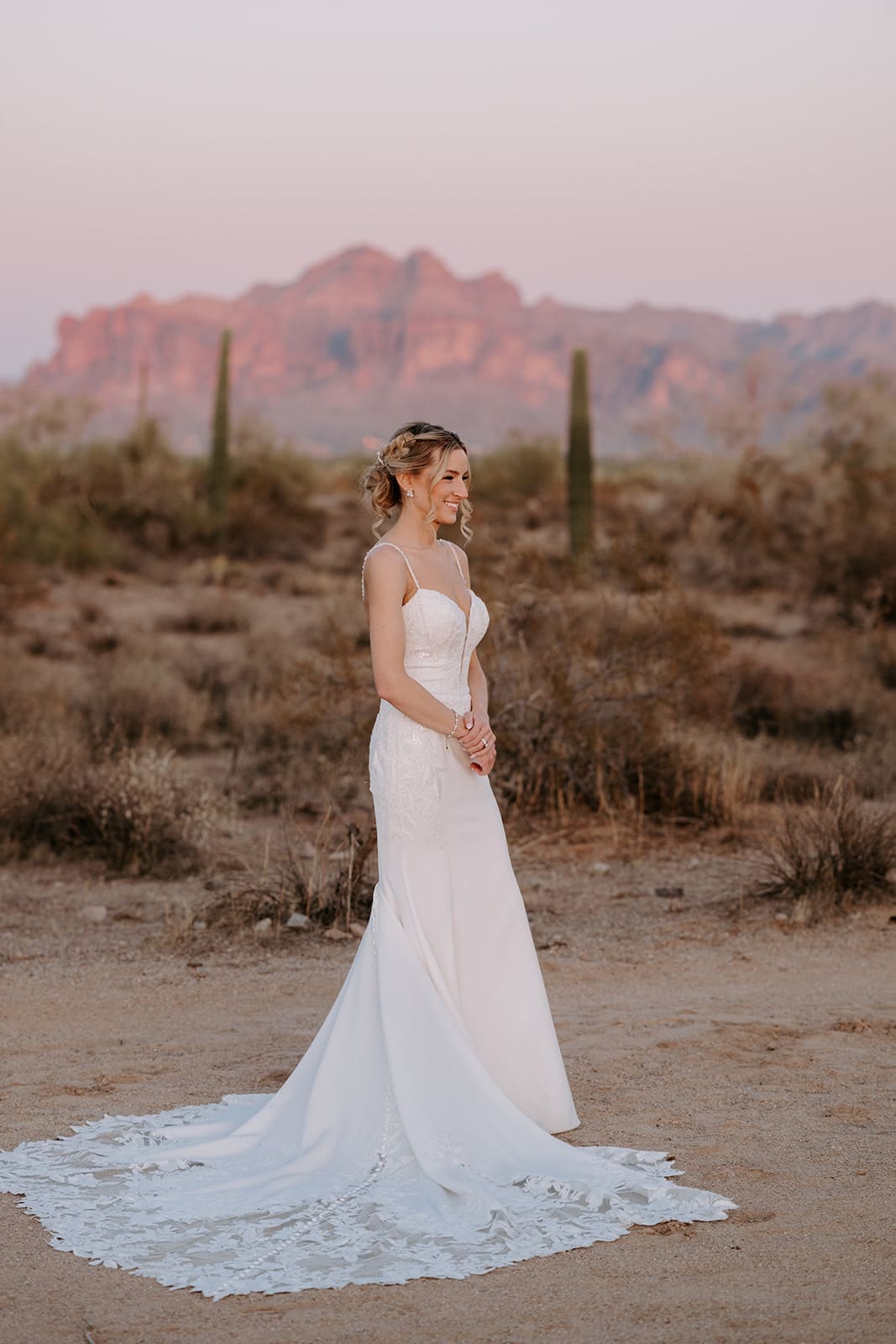Bride in desert terrain backdrop