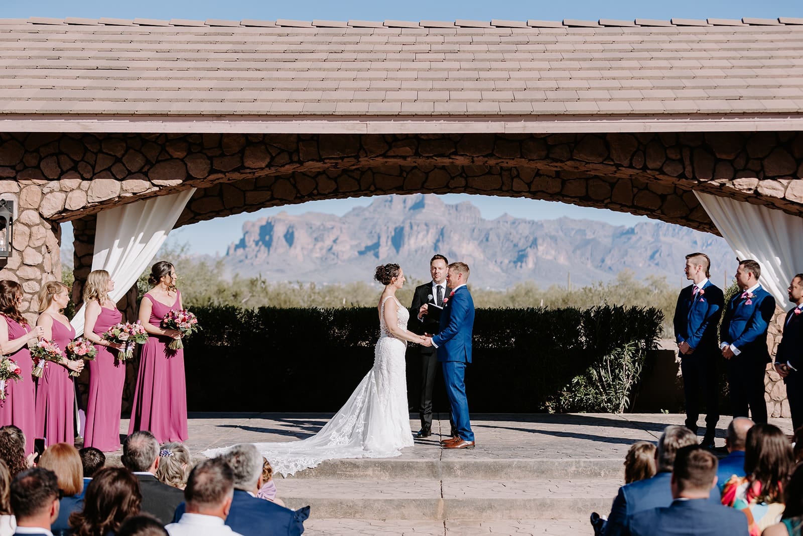 Ceremony view of couple at superstition manor