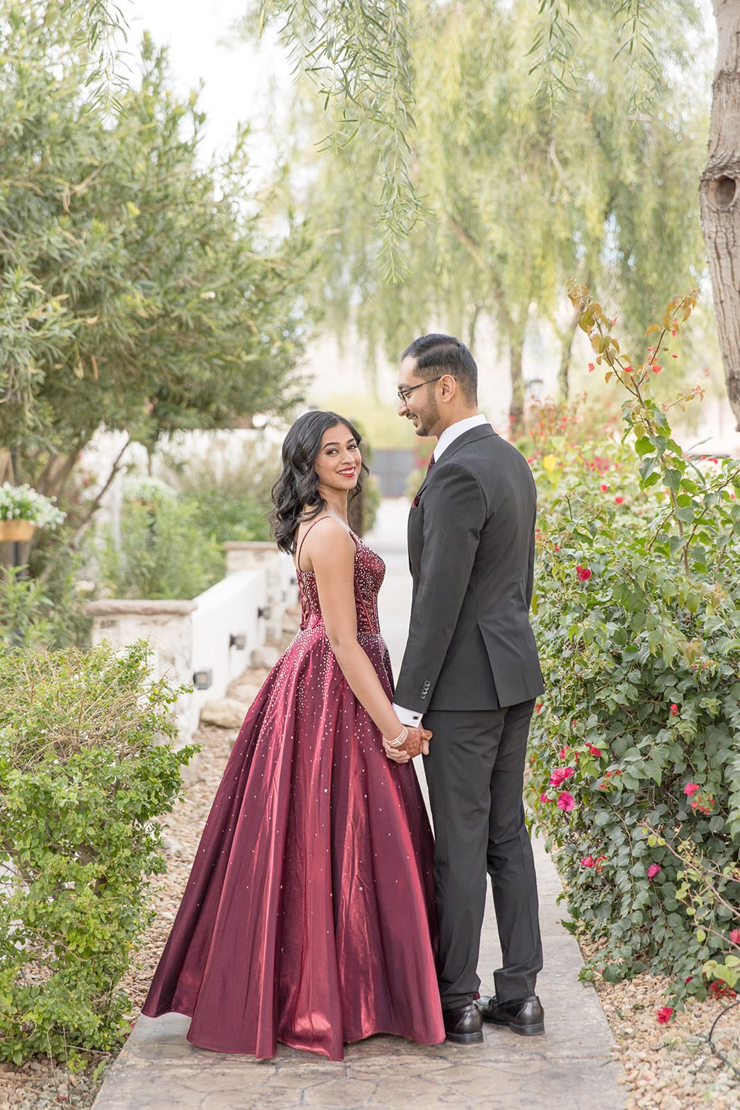 Bride and groom in gardens at superstition manor