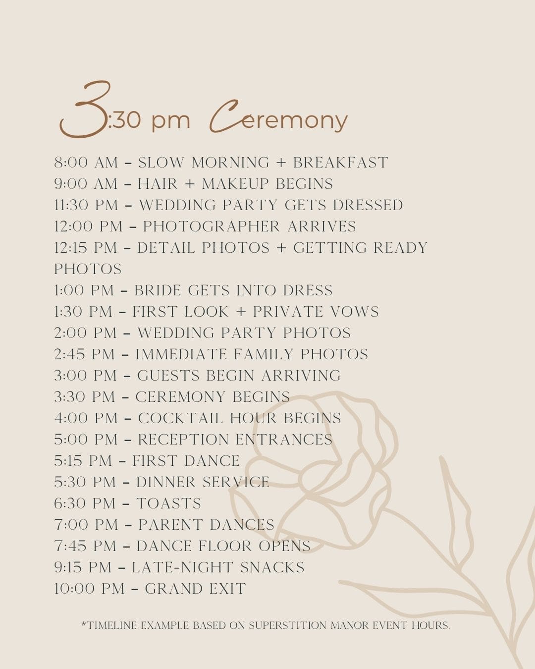 330 timeline for Superstition Manor wedding day