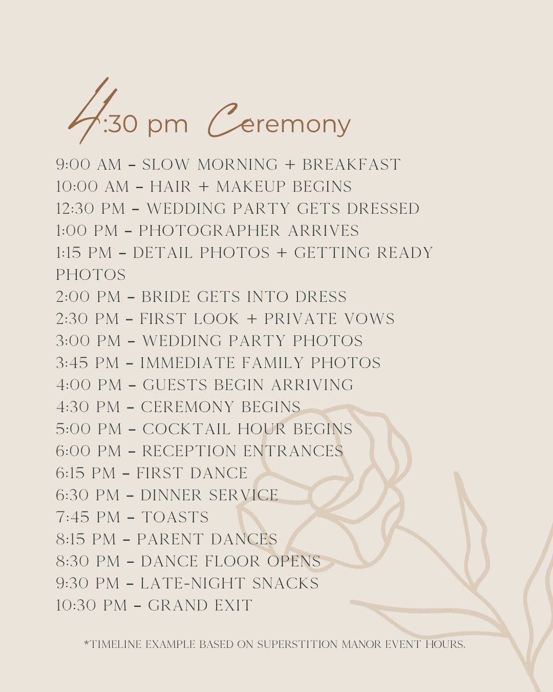 430 timeline for Superstition Manor wedding day