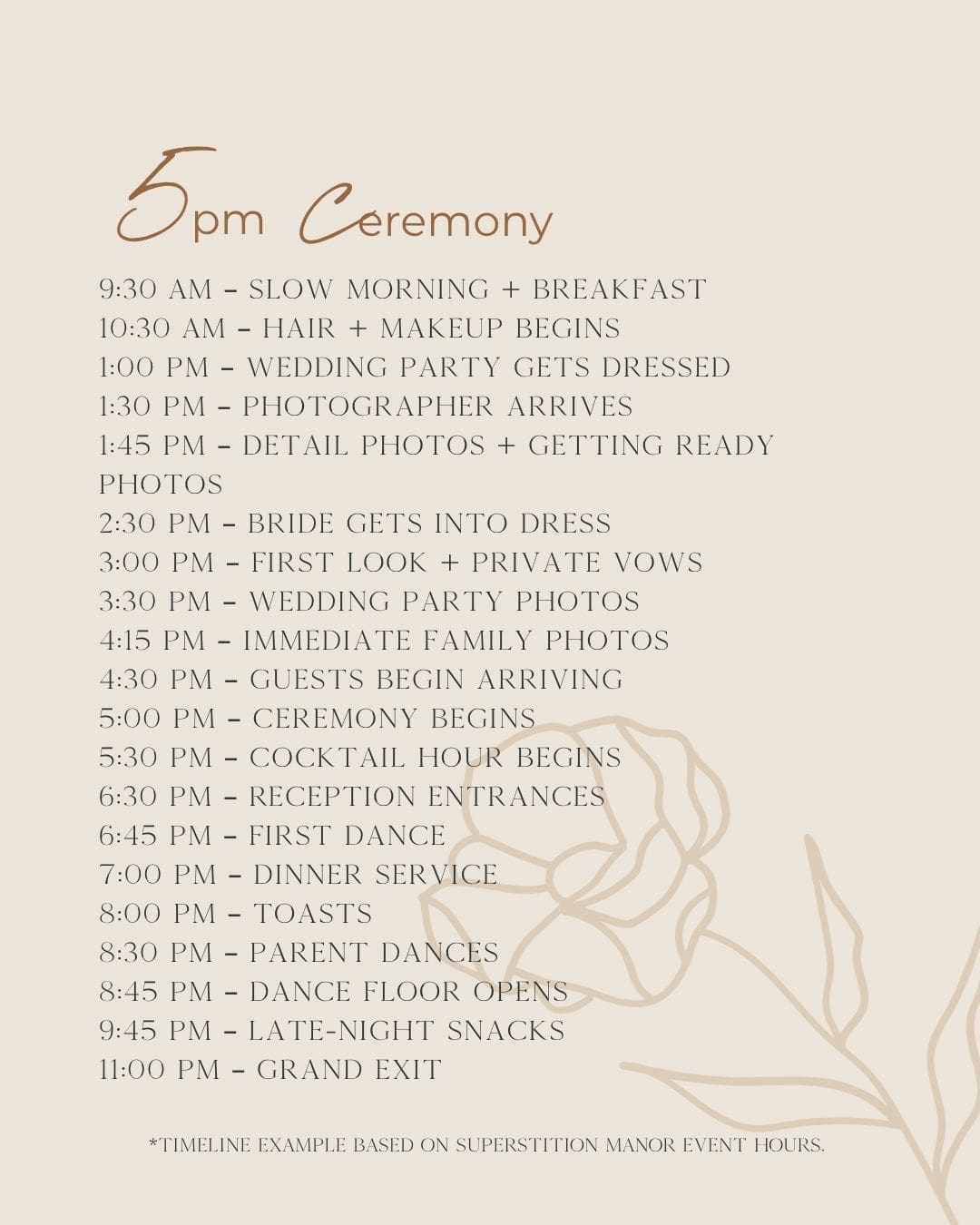 5 o’clock timeline for Superstition Manor wedding day