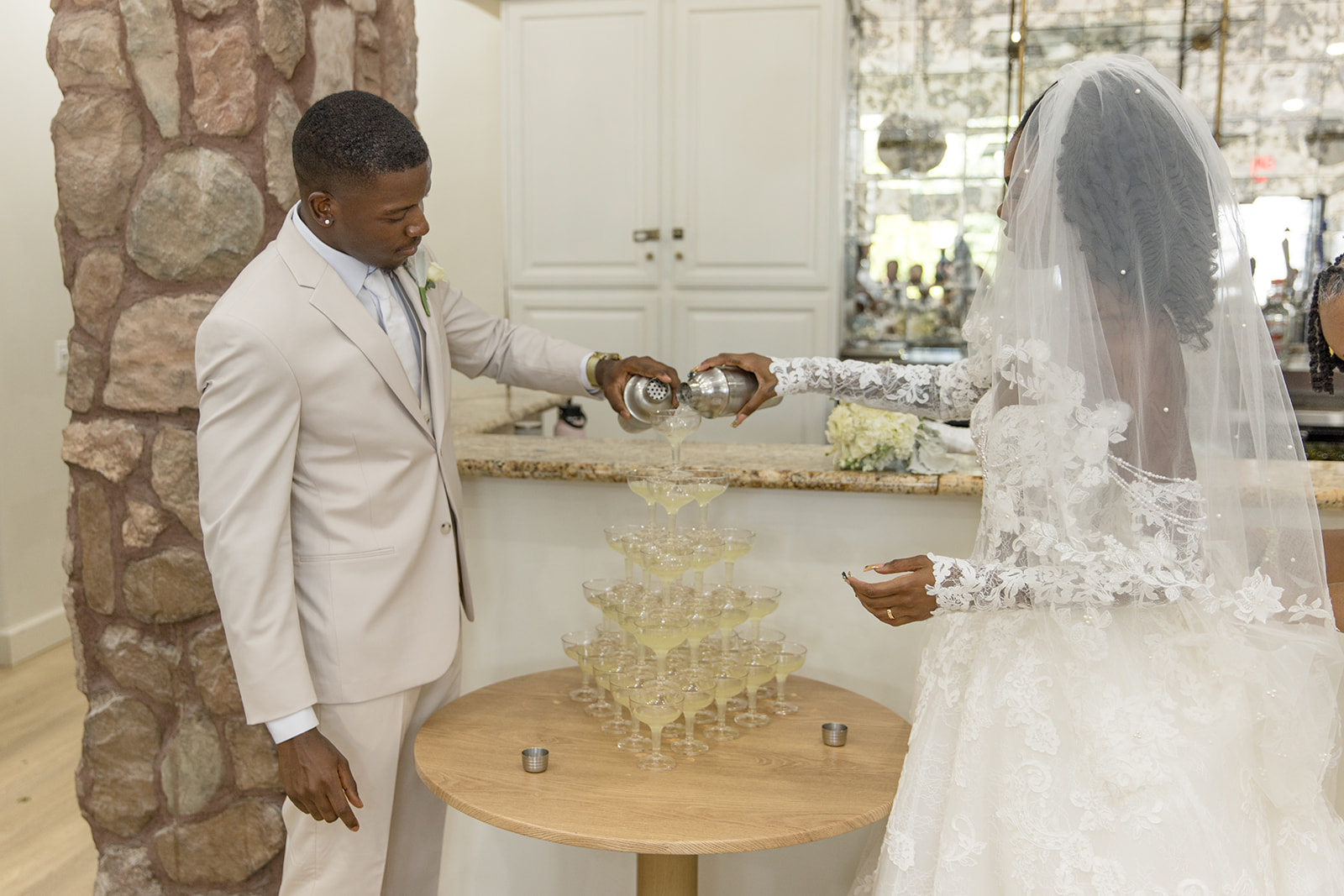 Bride and groom champagne pyramid